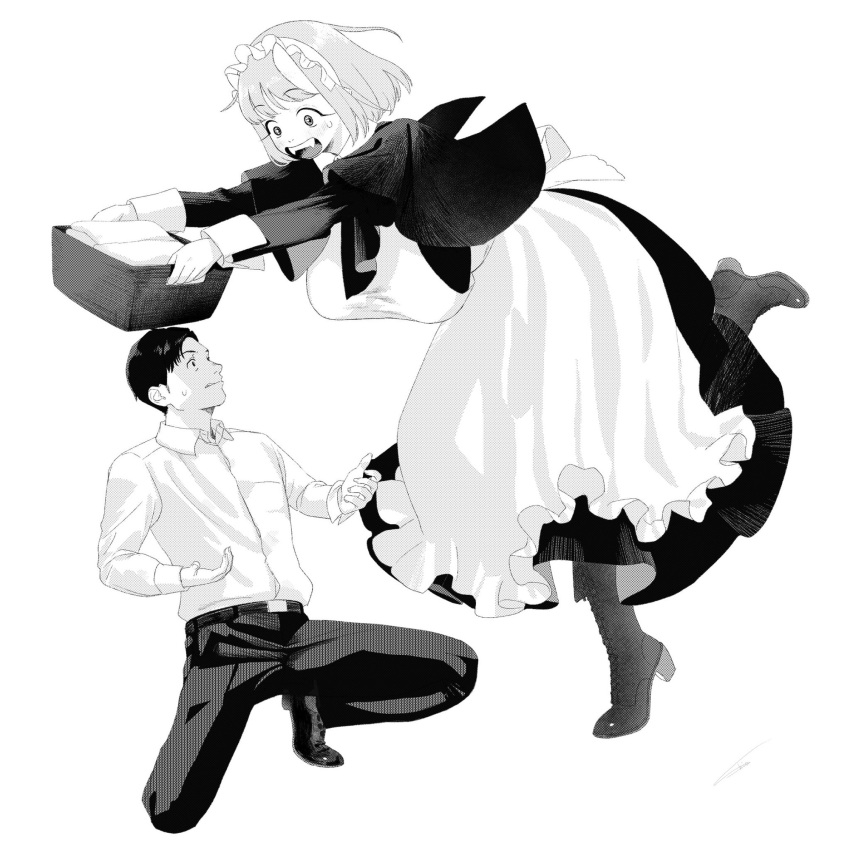 1boy apron belt bob_cut boots breasts demon_girl demon_horns dress_shirt falling fangs female full_body greyscale high_heel_boots high_heels highres horns large_breasts laundry laundry_basket maid maid_apron maid_headdress monochrome oni open_mouth original pants shio_maneki0 shirt short_hair size_difference standing standing_on_one_leg tall tripping white_background