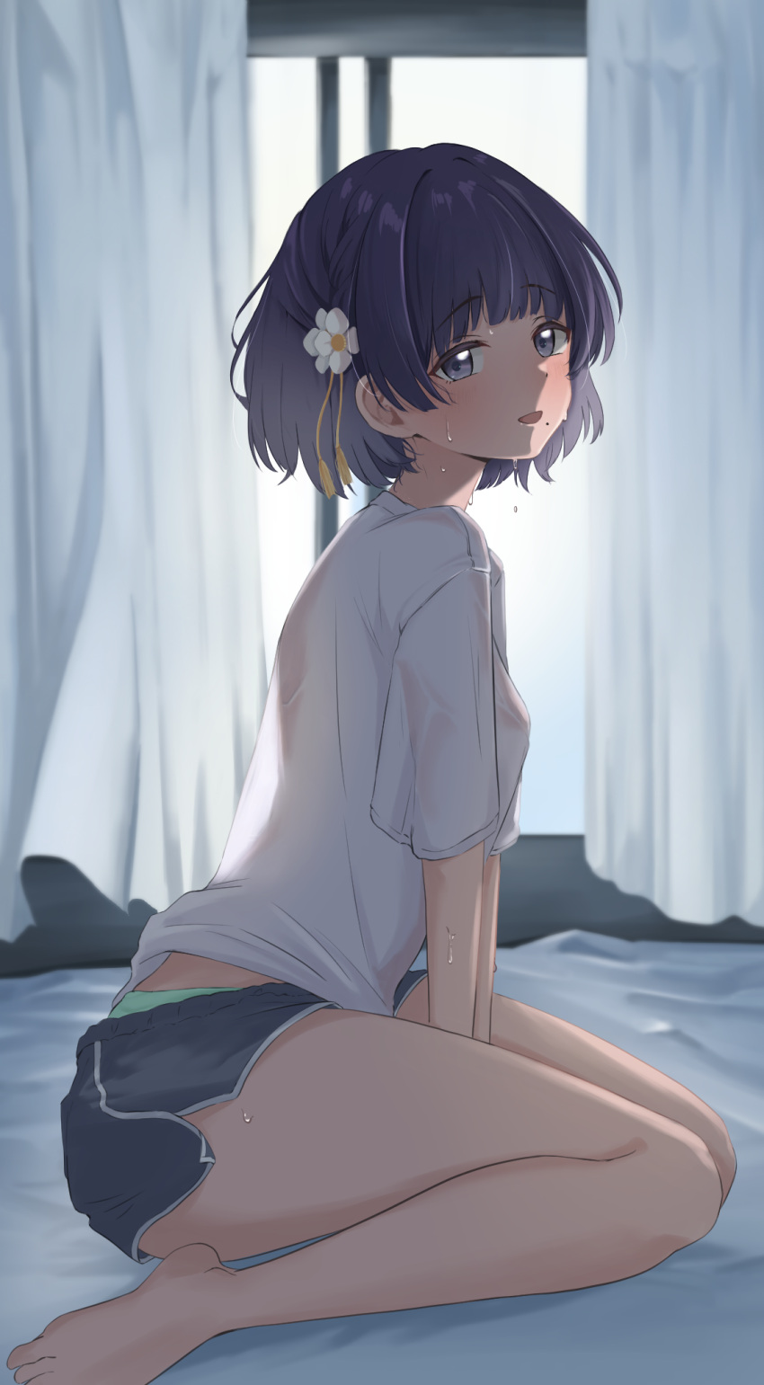 4jiri bare_legs breasts dolphin_shorts feet female gakuen_idolmaster green_panties grey_shorts hataya_misuzu highres idolmaster indoors looking_at_viewer mole mole_under_mouth panties shirt short_hair short_shorts short_sleeves shorts sitting small_breasts solo sweat toes underwear wariza wet wet_clothes wet_shirt white_shirt