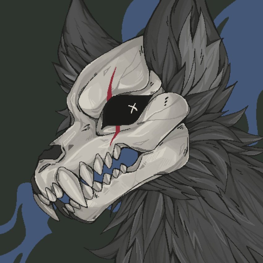 1:1 abstract_background ambiguous_gender anthro bone fangs fur grey_body grey_fur grey_inner_ear_fluff hi_res inner_ear_fluff neck_tuft skull skull_head smogville solo species_request teeth tuft