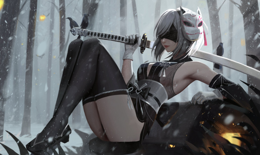 2b_(nier:automata) animal_on_weapon armpits bird bird_on_weapon black_blindfold black_dress black_footwear black_thighhighs blindfold breasts dress female forest fox_mask gloves grey_hair highres holding holding_sword holding_weapon katana lips mask mask_on_head nature neo_(neorarty3) nier:automata nier_(series) sleeveless sleeveless_dress snow snowing solo sword tassel thighhighs thighs tree weapon white_gloves