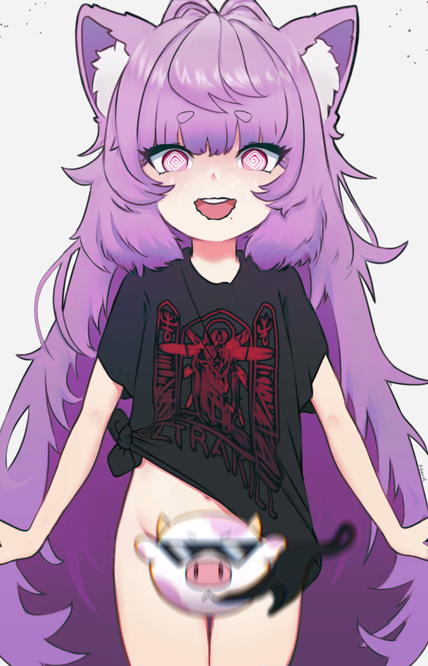 @_@ absurdres animal_ear_fluff animal_ears black_panties black_shirt bottomless cat_ears censored character_censor commentary cowboy_shot female flat_chest highres long_hair mole mole_under_mouth muu_muyu navel novelty_censor open_mouth panties phase_connect print_shirt purple_hair shirt short_eyebrows simple_background solo teeth thick_eyebrows tied_shirt ultrakill underwear unworn_panties upper_teeth_only very_long_hair virtual_youtuber white_background xobevol