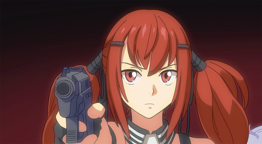 aiming aiming_at_viewer black_background commentary_request cz75_(girls'_frontline) cz_75 female girls'_frontline gradient_background gun hair_ornament hair_tubes hairclip handgun holding holding_gun holding_weapon long_hair neon_genesis_evangelion parody red_background red_eyes red_hair scene_reference sidelocks solo tab_(tabkun) the_end_of_evangelion twintails weapon