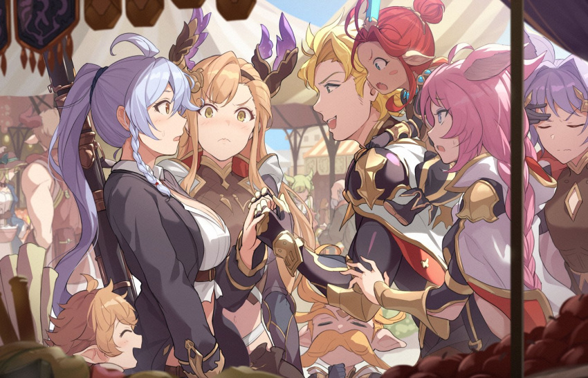 3boys 5girls ahoge animal_ears anre_(granblue_fantasy) armor black_gloves blonde_hair blush_stickers braid breasts brother_and_sister cape closed_eyes draph erune facial_hair feower_(granblue_fantasy) fif_(granblue_fantasy) frown gloves granblue_fantasy harvin headgear hinami_(hinatamizu) holding_hands horns jealous large_breasts light_purple_hair long_sleeves midriff moustache multiple_boys multiple_girls navel oerba_yun_fang open_mouth pink_hair pointy_ears ponytail red_hair seofon_(granblue_fantasy) siblings sierokarte silva_(granblue_fantasy) sweatdrop tien_(granblue_fantasy) tweyen_(granblue_fantasy) yellow_eyes