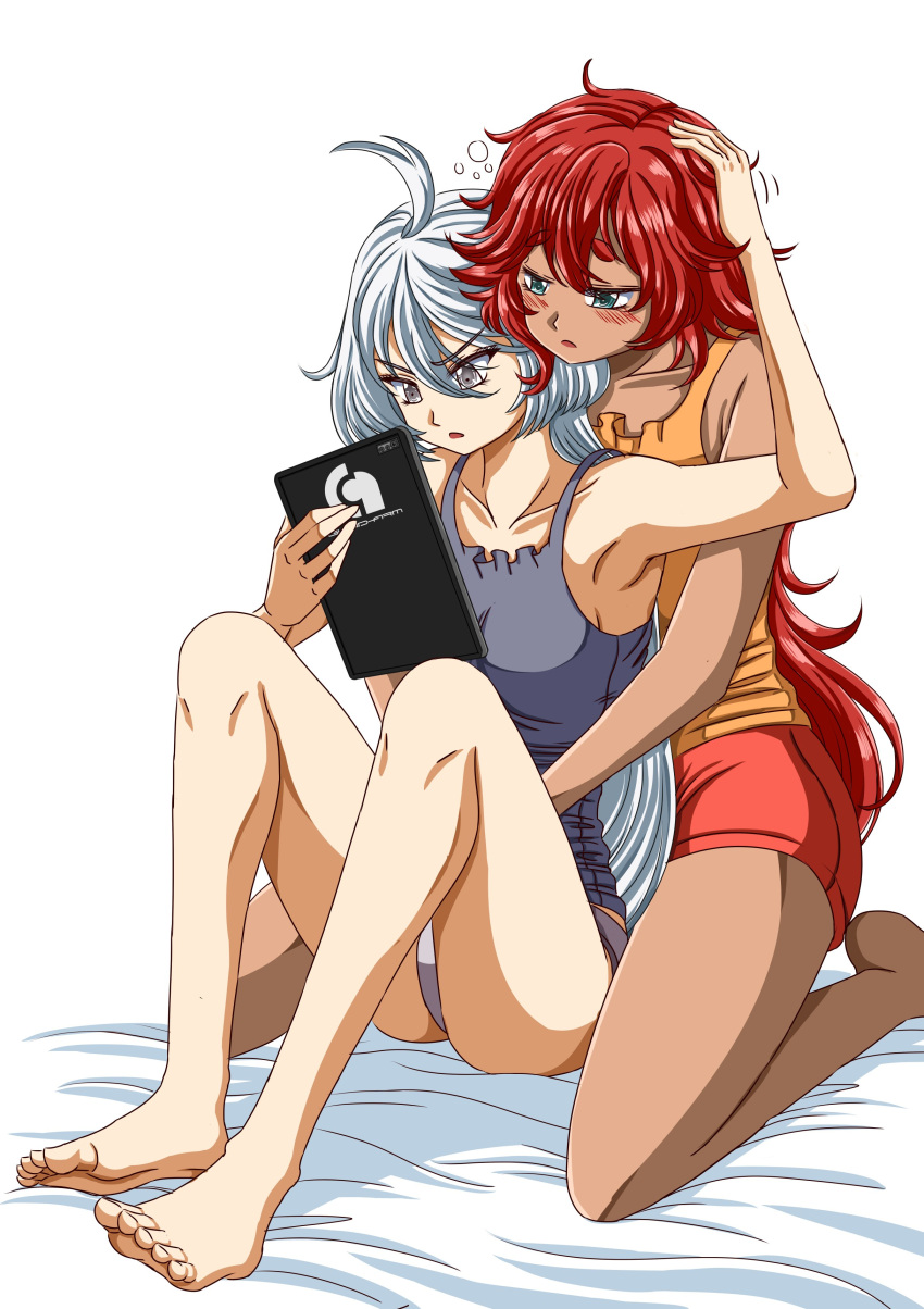 2girls absurdres ahoge barefoot bed_sheet collarbone english_commentary feet grey_eyes grey_hair gundam gundam_suisei_no_majo hair_down highres holding holding_tablet_pc hug hug_from_behind k-nashi legs miorine_rembran multiple_girls red_hair short_shorts short_sleeves shorts sleepy suletta_mercury tablet_pc toes yuri