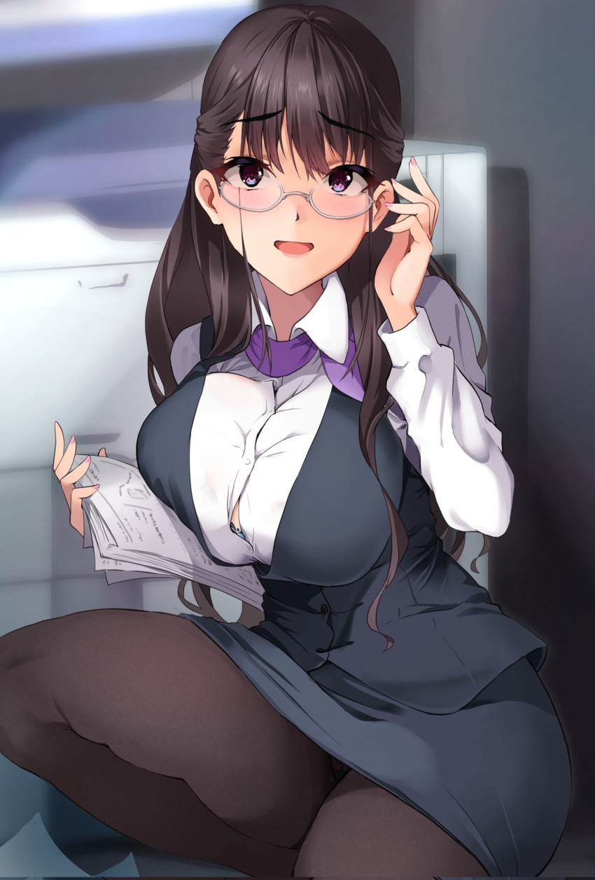 bra bra_peek breasts brown_hair fate/grand_order fate_(series) female fingernails glasses highres large_breasts long_hair murasaki_shikibu_(fate) murasaki_shikibu_(good_job!)_(fate) office_lady pantyhose paper purple_eyes sezok squatting underwear