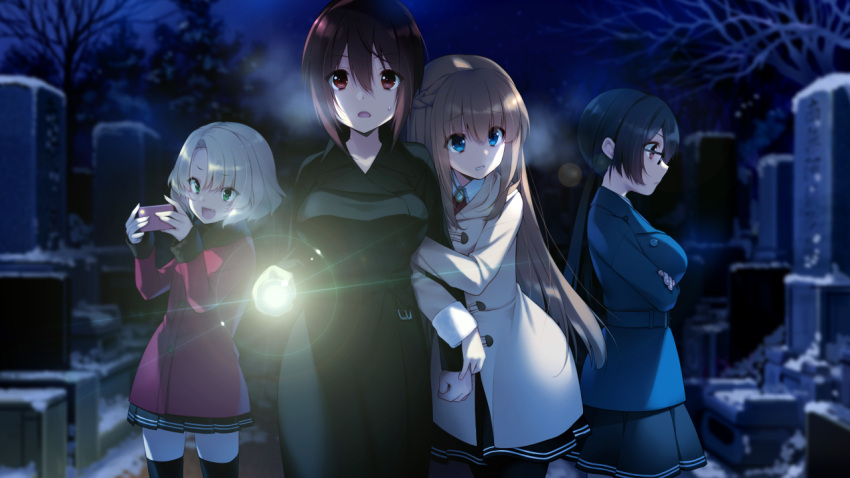 4girls arm_grab black_coat black_legwear black_skirt blonde_hair blue_eyes blurry blurry_background braid brown_hair butterfly_seeker cellphone clenched_teeth coat cropped_arms french_braid game_cg glasses graveyard green_eyes grey_hair hair_between_eyes hatori_piyoko himuro_chitose holding holding_phone kiryuu_azusa long_hair long_sleeves miniskirt multiple_girls night open_mouth outdoors pantyhose phone pleated_skirt red_coat red_eyes saotome_haya scared short_hair skirt smartphone sweatdrop teeth tendou_yui thighhighs tombstone very_long_hair white_coat zettai_ryouiki