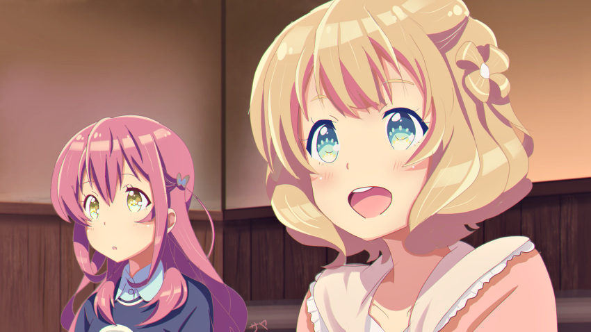 2girls :d blue_eyes braid derivative_work girlish_number hair_ornament highres indoors karasuma_chitose_(girlish_number) kugayama_yae multiple_girls open_mouth pink_hair screenshot_redraw short_hair smile tenshi14 upper_body