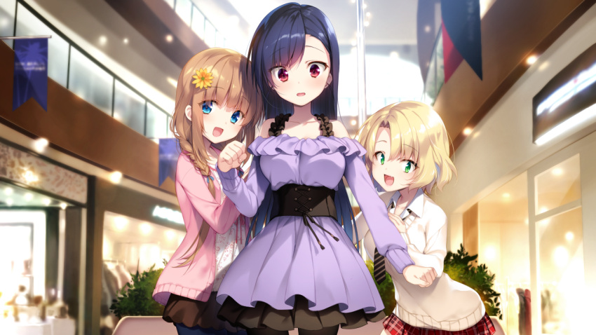 3girls :d asymmetrical_bangs black_legwear black_skirt blonde_hair blue_eyes blue_hair blue_legwear blurry blurry_background brown_hair butterfly_seeker cardigan collarbone collared_shirt cowboy_shot dress flower game_cg green_eyes hair_flower hair_intakes hair_ornament hatori_piyoko himuro_chitose indoors long_hair long_sleeves looking_at_viewer medium_hair miniskirt multiple_girls oerba_yun_fang off-shoulder_dress off_shoulder open_cardigan open_clothes pantyhose pink_cardigan plaid plaid_skirt pleated_skirt print_shirt purple_dress red_eyes red_skirt saotome_haya shirt short_dress skirt smile standing sweater tendou_yui very_long_hair white_shirt white_sweater wing_collar yellow_flower