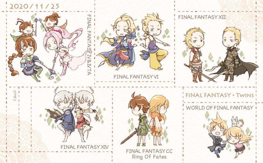 4girls 6+boys alisaie_leveilleur alphinaud_leveilleur armor basch_fon_ronsenburg brother_and_sister brothers chelinka chibi dissidia_final_fantasy dissidia_final_fantasy_opera_omnia dual_persona edgar_roni_figaro elezen elf final_fantasy final_fantasy_crystal_chronicles final_fantasy_crystal_chronicles:_ring_of_fates final_fantasy_iv final_fantasy_iv:_the_after_years final_fantasy_vi final_fantasy_xii final_fantasy_xiv gabranth_(ff12) grey_hair highres lann_(woff) multiple_boys multiple_girls namit palom pointy_ears porom reynn_(woff) sabin_rene_figaro siblings sword tama_(woff) twins weapon world_of_final_fantasy yuri_(ffcc)