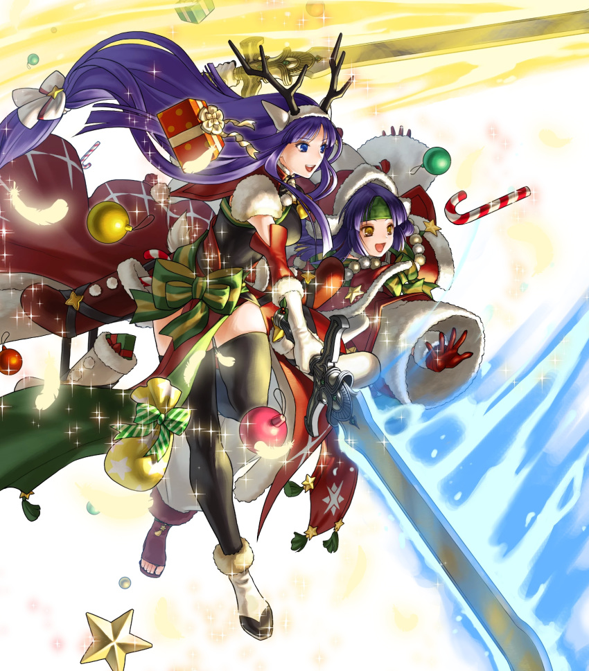 2girls alondite altina_(fire_emblem) altina_(winter)_(fire_emblem) ancestor_and_descendant animal_ears antlers bell black_legwear blue_eyes blue_hair box breasts candy candy_cane capelet christmas_ornaments closed_mouth deer_ears fake_animal_ears feathers fire_emblem fire_emblem:_radiant_dawn fire_emblem_heroes food fur_trim gift gift_box gloves glowing glowing_weapon hair_ornament hat headband highres holding holding_sword holding_weapon horns kita_senri leg_up long_hair looking_away low-tied_long_hair medium_breasts multiple_girls non-web_source official_art open_mouth pom_pom_(clothes) purple_hair ragnell red_gloves reindeer_antlers sanaki_kirsch_altina sanaki_kirsch_altina_(winter) santa_hat smile sparkle star_(symbol) sword thighhighs tied_hair toeless_footwear transparent_background weapon white_footwear white_gloves wide_sleeves yellow_eyes