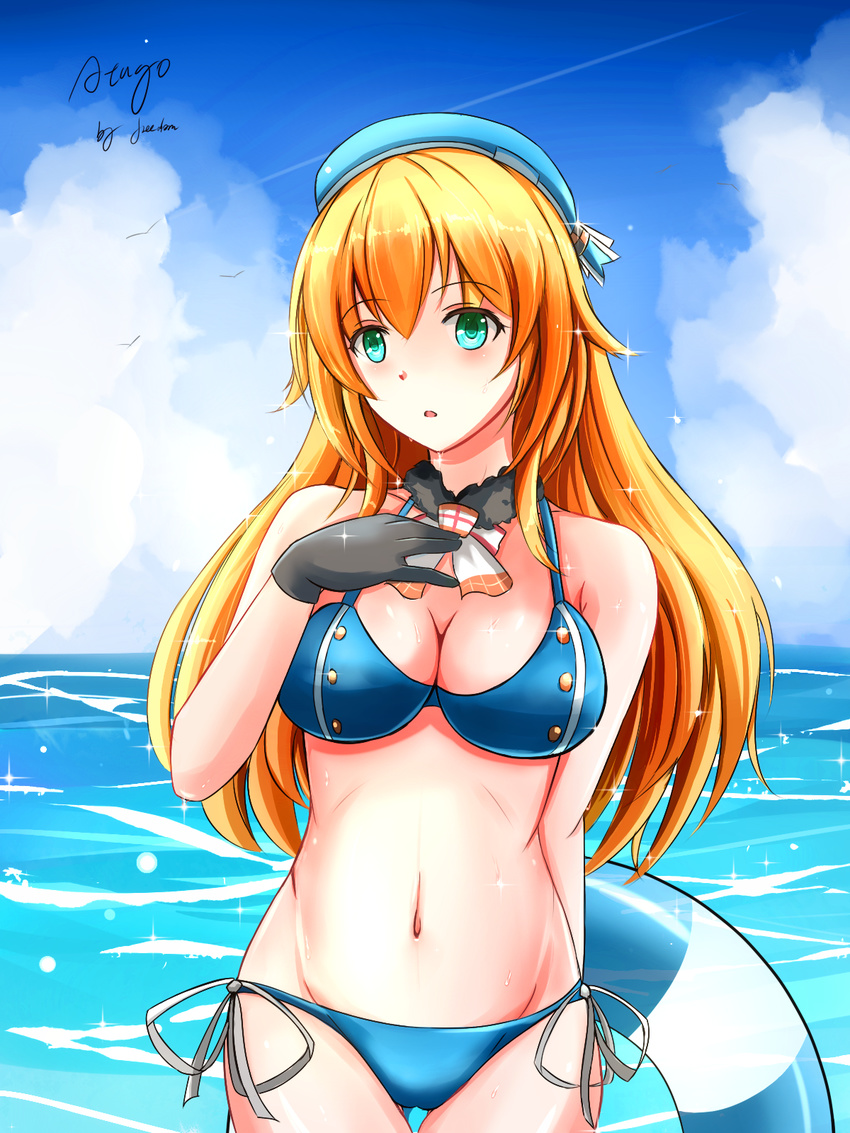 adapted_costume aqua_eyes atago_(kancolle) beret bikini black_gloves blonde_hair blue_bikini blue_sky blush breasts cleavage cloud cloudy_sky commentary_request cowboy_shot day female gloves hand_on_own_chest hat highres innertube kantai_collection large_breasts long_hair looking_to_the_side navel outdoors parted_lips saber-freedom side-tie_bikini_bottom signature sky solo sparkle swim_ring swimsuit water