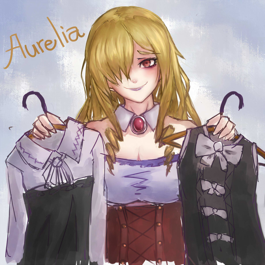 aurelia_(dorei_to_no_seikatsu) bad_id bad_pixiv_id bare_shoulders blonde_hair blush brooch character_name clothes_hanger detached_collar dorei_to_no_seikatsu_~teaching_feeling~ drill_hair female hair_over_one_eye highres holding holding_clothes jewelry lipstick long_hair looking_at_viewer makeup purple_lips red_eyes smile solo tui_isumi upper_body