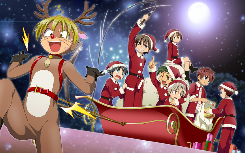 6+boys :3 akamine_sora akamine_tsuki animal_costume antlers ayase_shinobu bag bell black_gloves black_hair blonde_hair blue_eyes blush brown_eyes brown_hair christmas collar commentary_request full_moon gift gloves green_hair grin hat highres horns houmi_sakuya ichinose_tsubasa kiriya_(gymno) male_focus moon moriumi_tomo multiple_boys neck_bell nekoyama_saburo oerba_yun_fang okumura_shintarou open_mouth original red_eyes red_hair reindeer_costume santa_costume santa_hat school_boys! shorts sleigh smile snow whip white_hair yellow_eyes