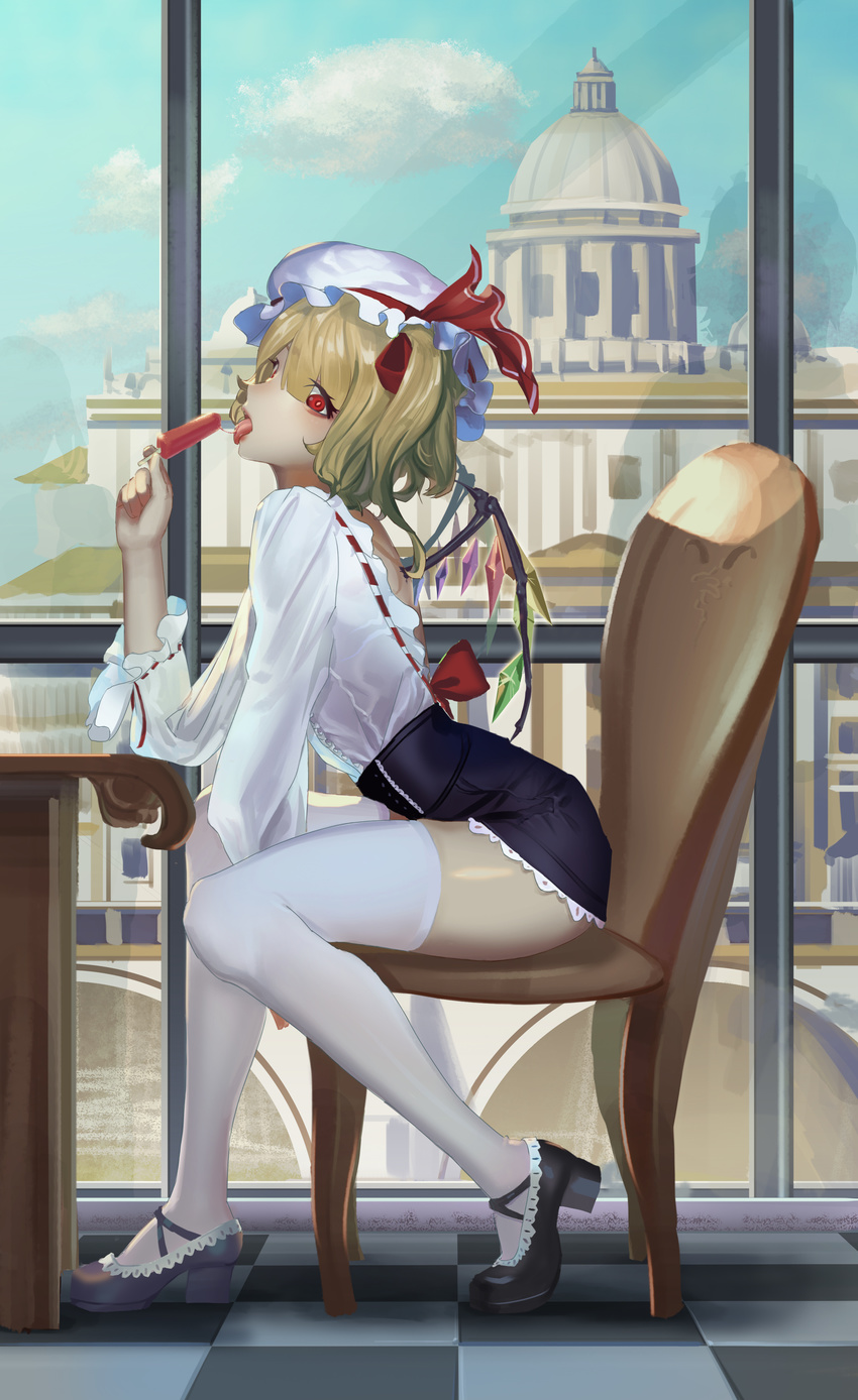 absurdres alternate_costume backless_outfit black_footwear black_skirt blonde_hair blouse bow building cafe chair checkered_floor cloud commentary_request contemporary crystal day dome elbow_rest female flandre_scarlet food frills from_side full_body hat hat_ribbon high_heels highres indoors leaning_forward licking liyou-ryon long_sleeves looking_at_viewer miniskirt mob_cap photoshop_(medium) popsicle profile red_eyes ribbon ribbon-trimmed_sleeves ribbon_trim rome_(city) shiny_skin shirt shoes short_hair side_ponytail sitting skirt sky solo st._peter's_basilica thighhighs thighs tongue tongue_out touhou vatican white_shirt white_thighhighs window wings