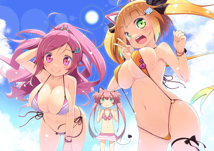 3girls :d animal_ears bad_id bad_pixiv_id beatmania_iidx beatstream bemani bikini bikini_skirt bisco_(beatstream) blonde_hair blunt_bangs blush bow bow_bikini bracelet breasts cat_ears cloud cowboy_shot day double_v floating_hair gradient_hair green_eyes hair_ornament hairclip hirose_madoka jewelry large_breasts leaning_forward lens_flare looking_at_viewer multicolored_hair multiple_girls nagisa_(bemani) navel o-ring o-ring_bikini open_mouth pink_eyes pink_hair ponytail rasis side-tie_bikini_bottom sky slingshot_swimsuit smile sound_voltex sun swimsuit twintails v