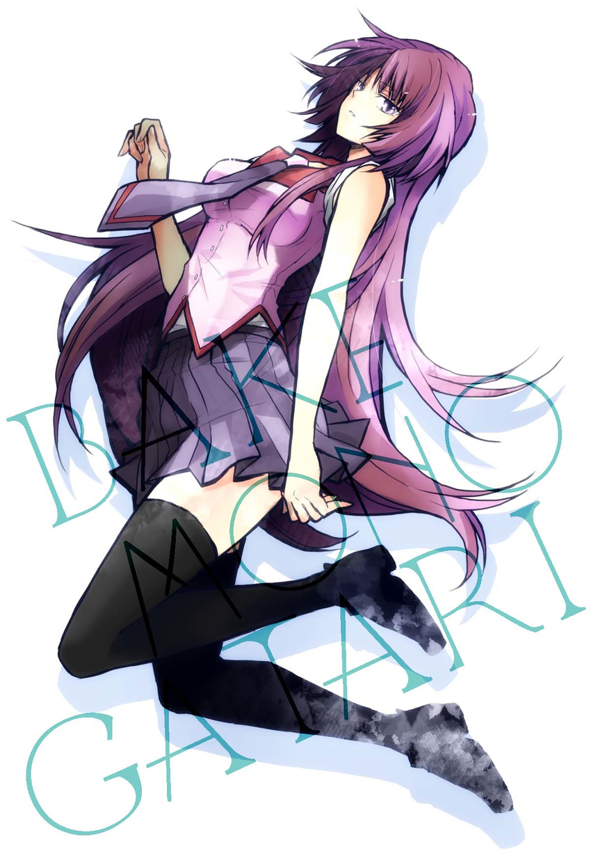 bad_id bad_pixiv_id bakemonogatari blue_eyes female highres long_hair long_legs monogatari_(series) naoetsu_high_school_uniform photoshop_(medium) purple_hair school_uniform senjougahara_hitagi suna_ko1 thighhighs