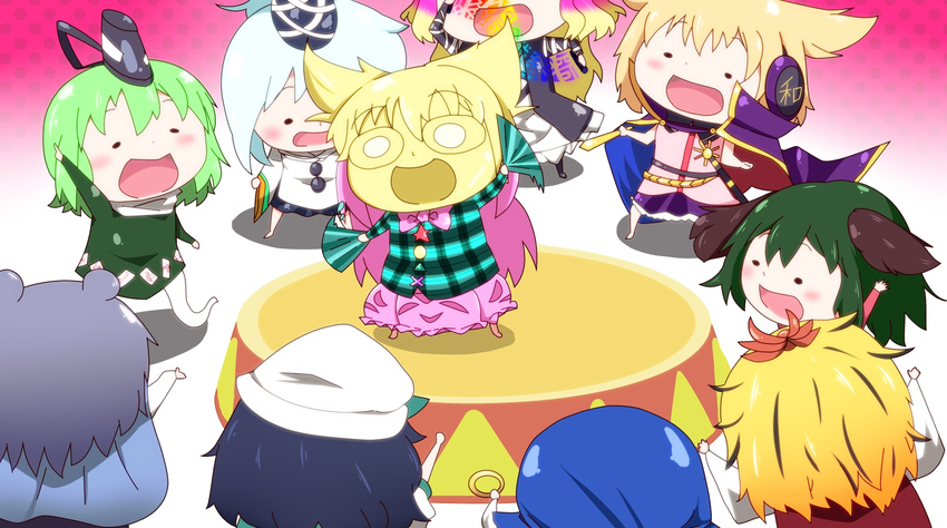 6+girls animal_ears black_hair blonde_hair blue_hair brown_hair bubble_skirt cape capelet chibi commentary_request cosplay daigingaa dress earmuffs ghost_tail gradient_hair green_dress green_hair grey_hair hat hata_no_kokoro highres hijiri_byakuren himouto!_umaru-chan hood japanese_clothes kakushin-teki_metamorphose! kariginu kasodani_kyouko komaru_(himouto!_umaru-chan) komaru_(himouto!_umaru-chan)_(cosplay) kumoi_ichirin long_hair mask mononobe_no_futo mouse_ears multicolored_hair multiple_girls murasa_minamitsu nazrin new_mask_of_hope open_mouth parody pink_hair plaid plaid_shirt ponytail purple_hair sailor sailor_hat shirt short_hair skirt smile soga_no_tojiko sorcerer's_sutra_scroll style_parody tate_eboshi toramaru_shou touhou toyosatomimi_no_miko two-tone_hair