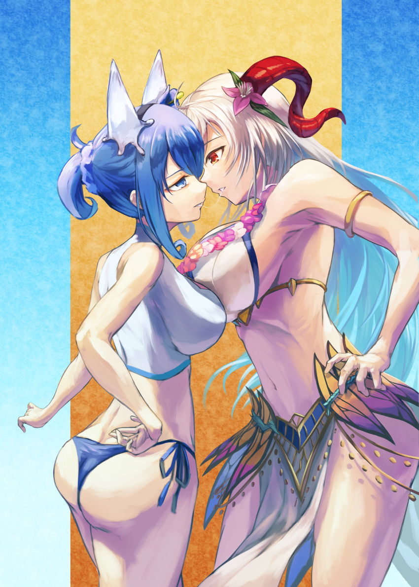 2girls absurdres after_kiss alternate_costume animal_ears armband armlet ass ass_cleavage assertive_female asymmetrical_docking bangs bare_shoulders big_ass bikini blue_bikini blue_eyes blue_hair blue_swimsuit breast_press breasts butt_crack cleavage cleavage_cutout clothing_cutout colored_inner_hair commission curled_horns eye_contact female female_only fire_emblem fire_emblem_heroes flower flower_necklace food freyja_(fire_emblem) freyja_(summer)_(fire_emblem) goat_horns grey_hair hair_ornament hand_on_hip highres horns ice ice_cream ice_horns juunishi_aya large_breasts long_hair looking_at_another medium_breasts midriff multicolored_hair multiple_girls navel nifl_(fire_emblem) nifl_(summer)_(fire_emblem) nintendo non-web_source official_alternate_costume official_alternate_hairstyle open_mouth pelvic_curtain ponytail red_eyes red_horns saliva saliva_swap saliva_trail short_hair side-tie_bikini simple_background size_difference stare_down swimsuit thighs thorns two-tone_bikini two-tone_swimsuit white_bikini white_hair white_swimsuit yuri