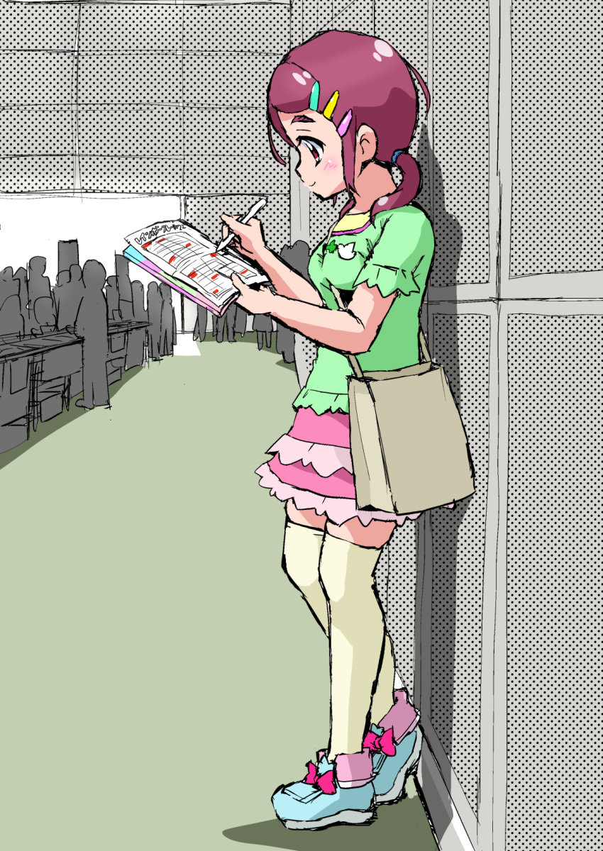 bag blue_footwear bow clover comiket female footwear_bow four-leaf_clover full_body green_shirt hair_ornament hair_tie hairclip halftone highres holding holding_paper hugtto!_precure itommy layered_skirt medium_hair nono_kotori paper pink_bow ponytail precure purple_hair red_eyes shirt shoulder_bag skirt solo thighhighs yellow_thighhighs