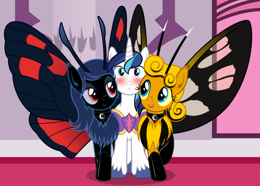 antennae_(anatomy) armor arthropod badumsquish blonde_hair blue_eyes blue_hair blush boots canterlot carpet castle cheek_tuft chest_tuft choker cinnabar_moth clothing collar curled_hair embarrassed equid equine face_squish facial_tuft fan_character female flirting flit_(oc) fluffy fluffy_hair footwear friendship_is_magic grin group hair hasbro hi_res horn horse hubner's_wasp_moth hybrid insects jewelry leaning lepidopteran lidded_eyes looking_at_viewer male mammal minia_(oc) moon moth mothpony my_little_pony mythological_creature mythological_equine mythology necklace nuzzling palace pony red_eyes rubbing_cheek shining_armor_(mlp) shoes smile spread_wings squish symbol translucent translucent_wings tuft unicorn wing_boner wings