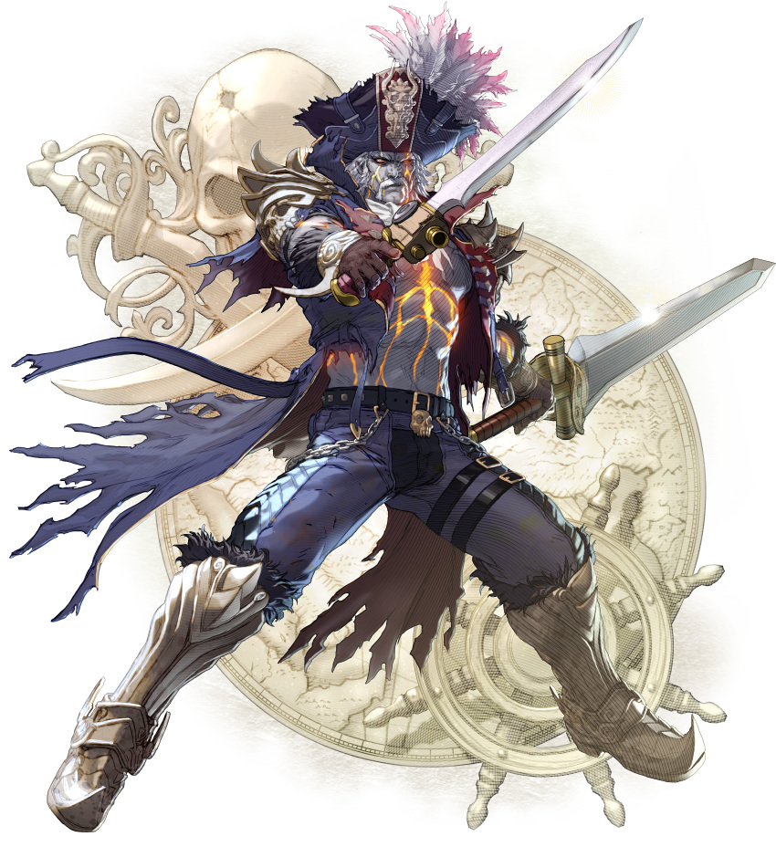 1boy absurdres armor belt belt_buckle blue_pants brown_gloves buckle cape cervantes_de_leon chains colored_skin crack facial_hair gloves grey_skin hat highres holding holding_sword holding_weapon kawano_takuji legs_apart looking_at_viewer male_focus moustache official_art pants shirt simple_background skull skull_and_crossbones soulcalibur soulcalibur_vi steering_wheel sword thigh_strap torn_cape torn_clothes weapon white_background white_hair yellow_eyes