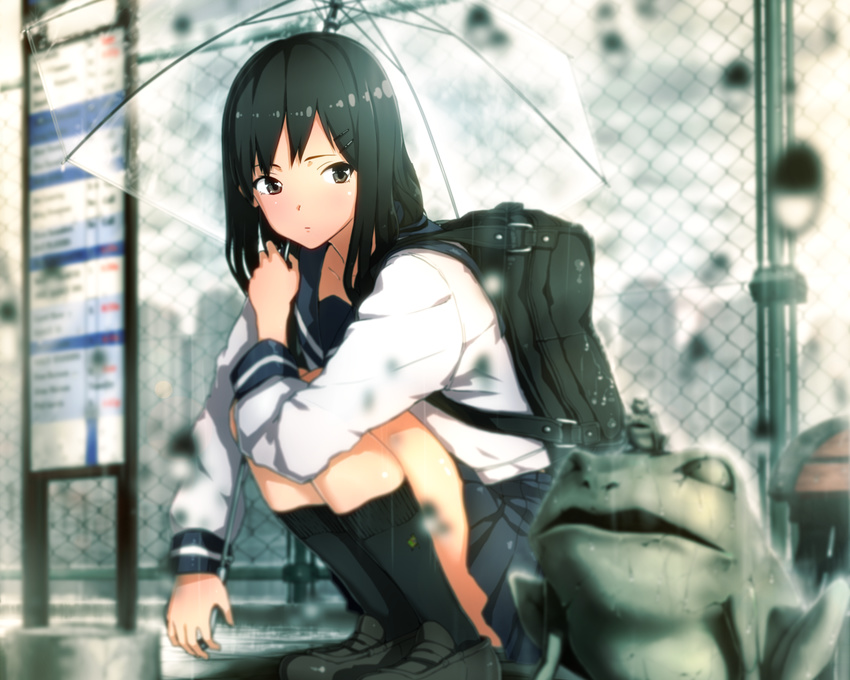 black_hair kinniku1234 original rain seifuku umbrella