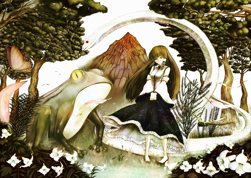 barefoot flowers frog green_hair homeless_mk_ii japanese_clothes kochiya_sanae long_hair miko touhou tree yellow_eyes