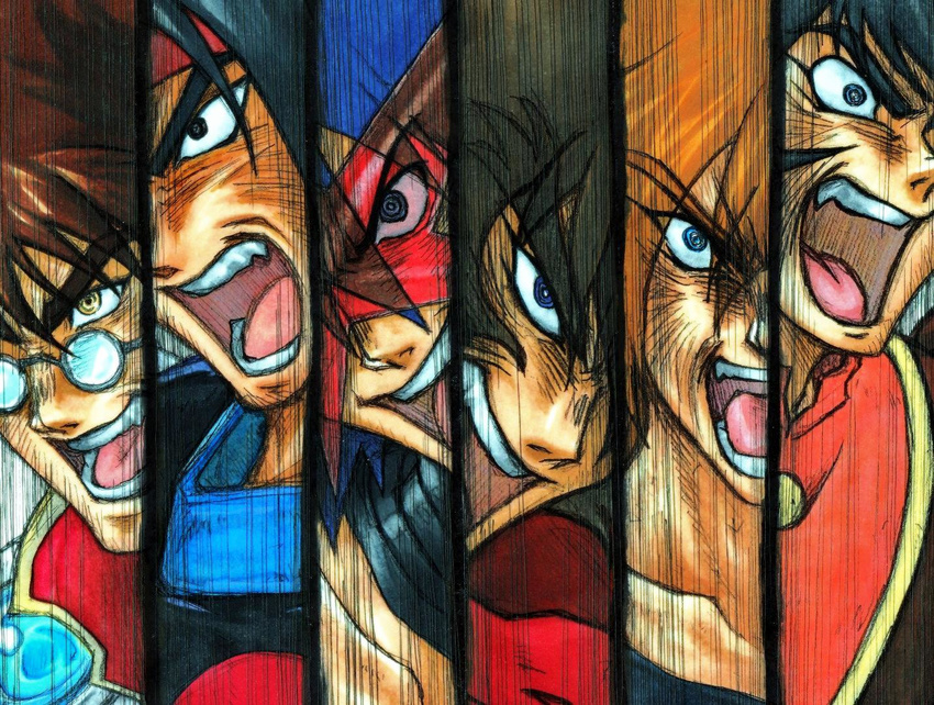 6+boys black_hair blue_hair brown_hair commentary_request crossover domon_kasshu g_gundam getter_robo glasses gundam kabuto_kouji macross macross_7 male_focus manly mazinger_(series) mazinger_z multiple_boys multiple_crossover nagare_ryoma nekki_basara open_mouth shin_getter_robo shishiou_gai shouting simon_(ttgl) simon_shades tengen_toppa_gurren_lagann trait_connection wrato yuusha_ou_gaogaigar yuusha_series