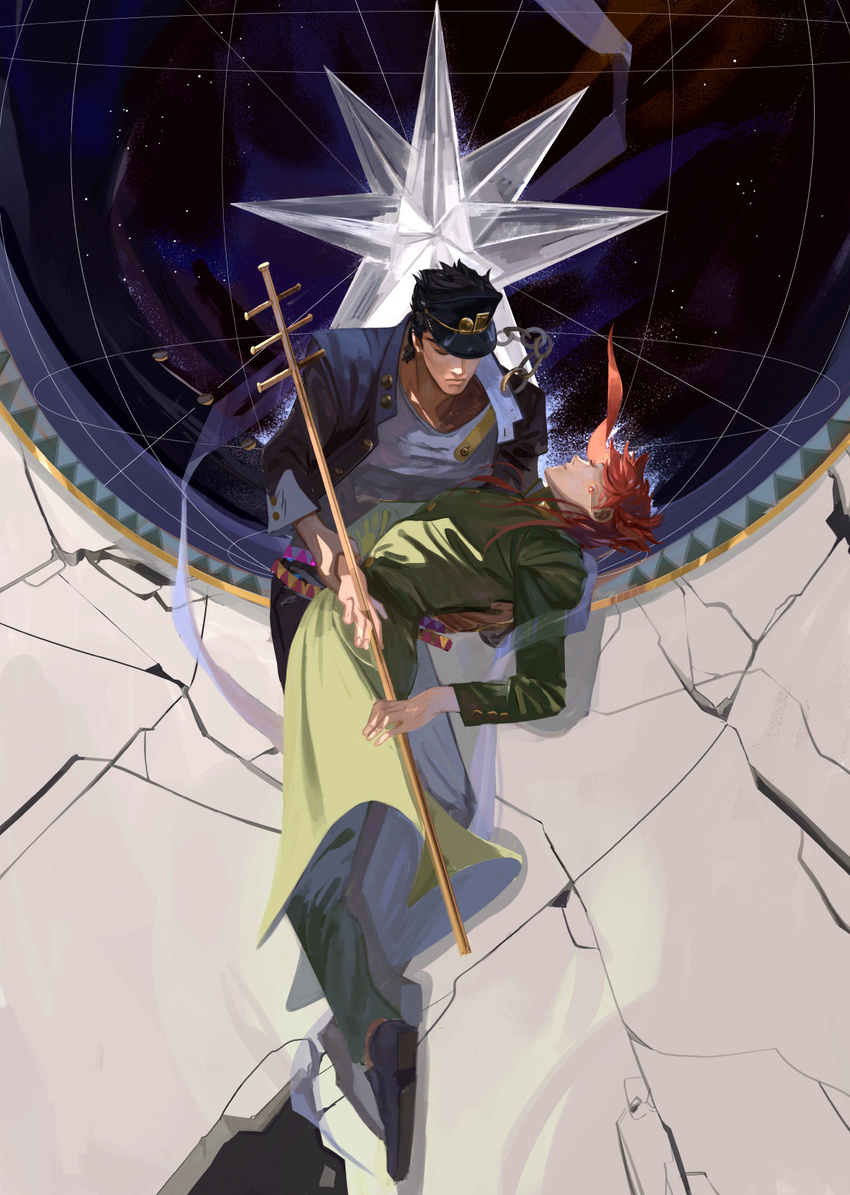 2boys amei_zhao bad_id bad_pixiv_id black_hair carrying chains closed_eyes crack earrings gakuran hat highres jewelry jojo_no_kimyou_na_bouken kakyoin_noriaki kujo_jotaro male_focus multiple_boys photoshop_(medium) pink_hair scarf school_uniform staff star_(symbol) yaoi