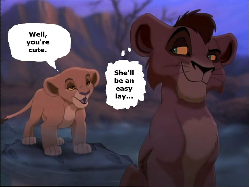 4:3 canon_couple dialogue disney duo english_text felid female feral grandfathered_content humor kiara_(the_lion_king) kovu_(the_lion_king) lion looking_at_another male male/female mammal movie_accurate multicolored_body pantherine screencap speech_bubble tail text the_lion_king thinking thought_bubble unknown_artist young young_feral