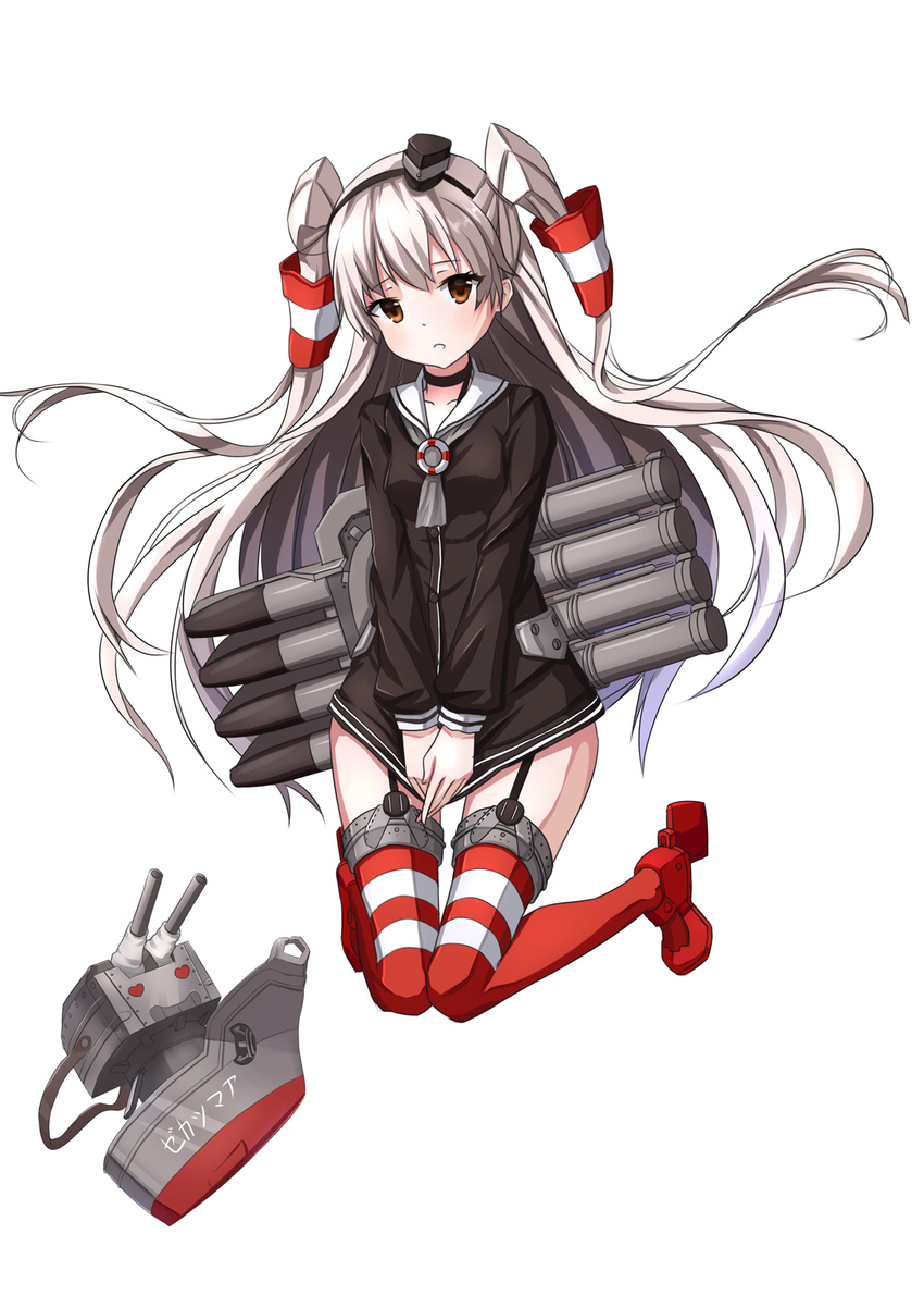 amatsukaze_(kancolle) brown_eyes choker commentary_request covering_crotch covering_privates dress dress_tug female garter_straps grey_hair grey_neckerchief hair_ornament hair_tubes heart heart-shaped_pupils highres kantai_collection long_hair long_sleeves machinery neckerchief red_legwear rensouhou-kun sailor_dress short_dress simple_background symbol-shaped_pupils thighhighs two_side_up v_arms very_long_hair white_background xiao_yinbie zettai_ryouiki