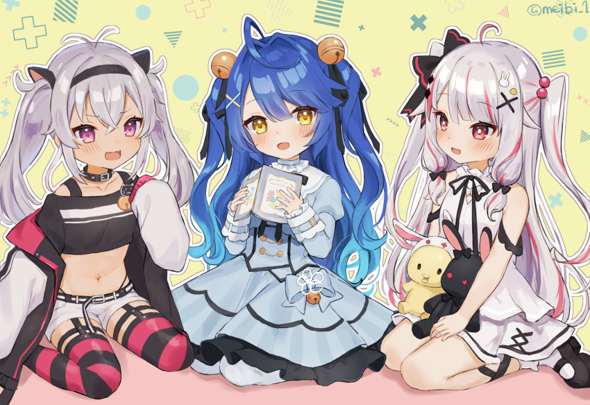 3girls aged_down ahoge amamiya_kokoro amamiya_kokoro_(1st_costume) antenna_hair beads bell black_ribbon black_shirt blue_dress blue_hair blush book bow buttons collar commentary crop_top double-breasted dress dress_bow fangs garter_straps gradient_hair hair_beads hair_bell hair_intakes hair_ornament hair_ribbon hairband highres holding holding_book jacket loafers lolicon long_sleeves matsukai_mao meibi_1 multicolored_hair multiple_girls navel neck_ribbon nijisanji oerba_yun_fang off-shoulder_shirt off_shoulder open_book open_mouth pink_eyes red_eyes ribbon seiza shirt shoes shorts sitting skin_fang skin_fangs smile spiked_collar spikes stuffed_animal stuffed_rabbit stuffed_toy symbol-only_commentary twintails twitter_username two-tone_hair two_side_up virtual_youtuber wariza white_dress x_hair_ornament yellow_background yellow_eyes yorumi_rena yorumi_rena_(young)