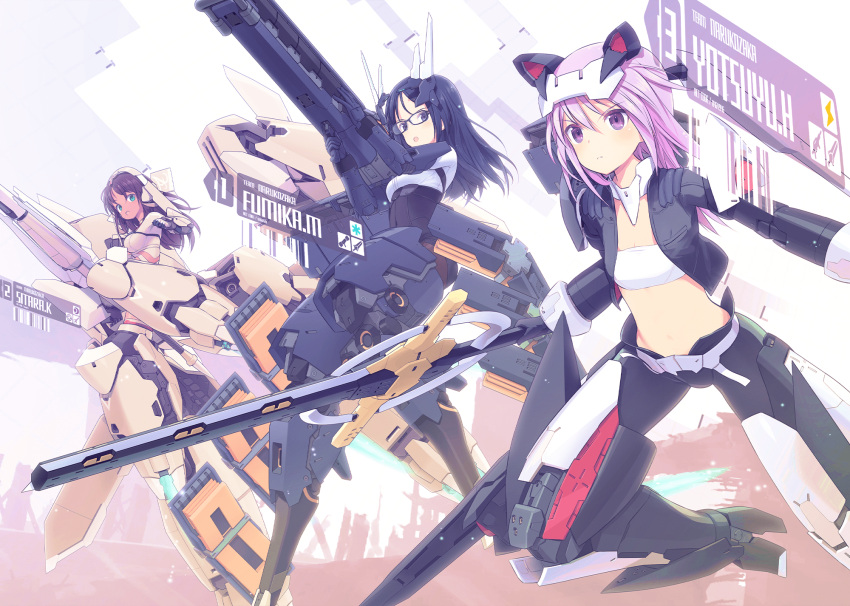 3girls alice_gear_aegis black_jacket blue_hair brown_hair character_name crop_top glasses green_eyes gun headgear highres hirasaka_yotsuyu holding holding_gun holding_sword holding_weapon jacket kaneshiya_sitara lance mecha_musume momoshina_fumika multiple_girls pink_eyes pink_hair polearm purple_eyes shimada_fumikane strapless sword thrusters tube_top weapon white_tube_top