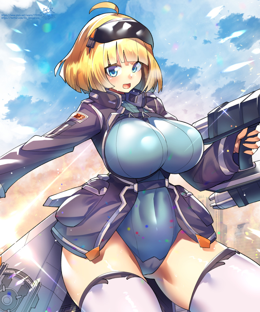 ahoge blonde_hair blue_eyes breasts female griffon_(last_origin) gun highres holding holding_gun holding_weapon large_breasts last_origin leotard open_mouth short_hair solo thighhighs umigarasu_(kitsune1963) weapon