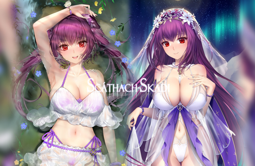 :d au11 aurora bead_bracelet beads bikini bracelet breasts bridal_veil brooch cameltoe casual_one-piece_swimsuit cleavage dakimakura_(medium) fate/grand_order fate_(series) flower frilled_bikini frills heart heart_brooch jewelry large_breasts lifting_own_clothes looking_at_viewer multiple_girls multiple_views navel night night_sky off-shoulder_bikini off_shoulder one-piece_swimsuit outdoors purple_bikini purple_hair red_eyes scathach_(fate) scathach_skadi_(swimsuit_ruler)_(fate) scathach_skadi_(swimsuit_ruler)_(first_ascension)_(fate) scathach_skadi_(swimsuit_ruler)_(third_ascension)_(fate) sky smile star_(sky) starry_sky swimsuit twintails veil white_one-piece_swimsuit