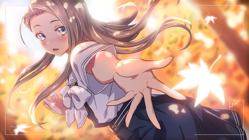 autumn autumn_leaves blue_eyes blue_sailor_collar blush female grey_hair hands highres ikuno_christa_kasumi leaf long_hair looking_at_viewer looking_back love_r maple_leaf nmu2 open_mouth outstretched_hand pleated_skirt ribbon sailor_collar school_uniform serafuku skirt solo sunlight tree