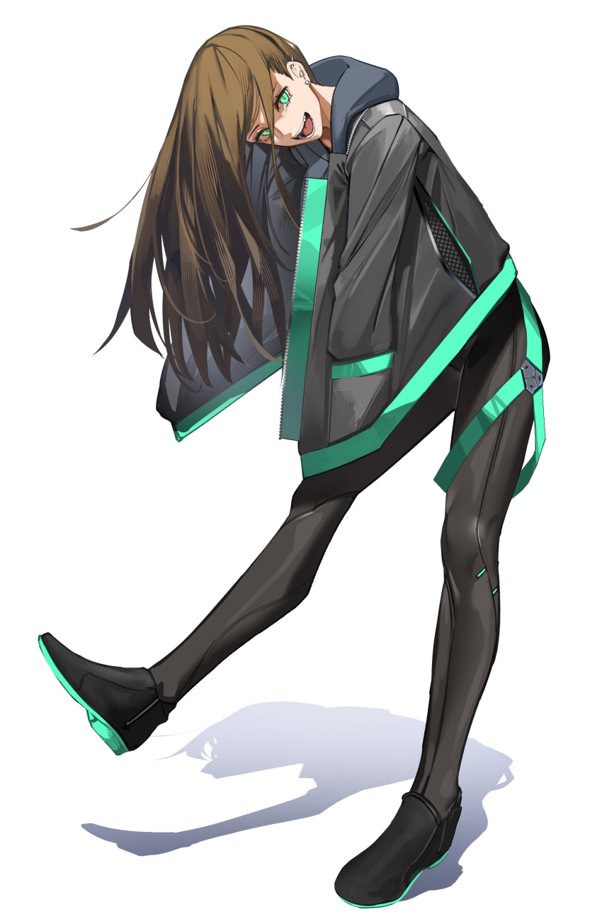 :d absurdres black_footwear black_jacket black_pantyhose brown_hair commentary earrings female fixro2n full_body green_eyes hair_between_eyes hand_in_pocket highres hood hood_down hooded_jacket jacket jewelry long_hair long_sleeves looking_at_viewer open_clothes open_jacket original pantyhose puffy_long_sleeves puffy_sleeves shoes smile solo standing standing_on_one_leg stud_earrings white_background