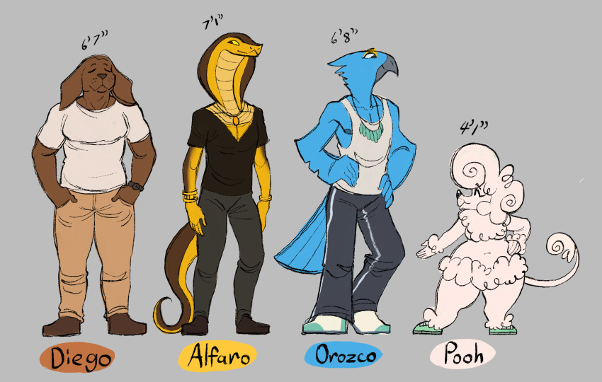 2020 absurd_res alfaro_(kaboozey) anthro avian bird bottomwear canid canine canis clothed clothing diego_(kaboozey) domestic_dog female footwear group hi_res hyacinth_macaw jewelry kaboozey macaw male mammal necklace neotropical_parrot oro_(kaboozey) pants parrot partially_clothed poodle poofy_hair pooh_(kaboozey) reptile scalie shirt shoes snake topwear true_parrot