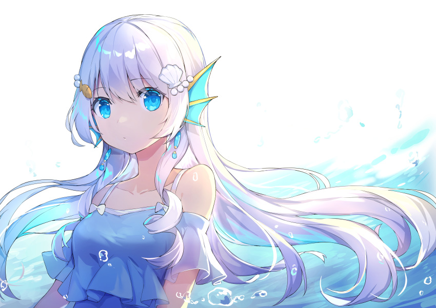 absurdres bad_id bad_pixiv_id blue_eyes bubble collarbone commentary_request doris_(hololive) female fins hair_ornament head_fins highres hololive hololive_china long_hair simple_background solo virtual_youtuber water wawako_mama white_background white_hair