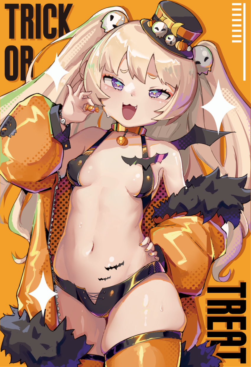 alternate_costume azur_lane bache_(azur_lane) blonde_hair breasts candy choker cowboy_shot cross-shaped_pupils demon_wings female food fur-trimmed_jacket fur_trim gyaru hand_on_own_hip hat highres holding holding_candy holding_food jacket long_hair micro_shorts midriff mini_hat mini_top_hat nail_polish nanami_kazuki navel oerba_yun_fang off_shoulder purple_eyes revealing_clothes short_shorts shorts small_breasts smug solo sparkle stomach sweatdrop symbol-shaped_pupils thighhighs top_hat twintails very_long_hair wings yellow_jacket yellow_thighhighs