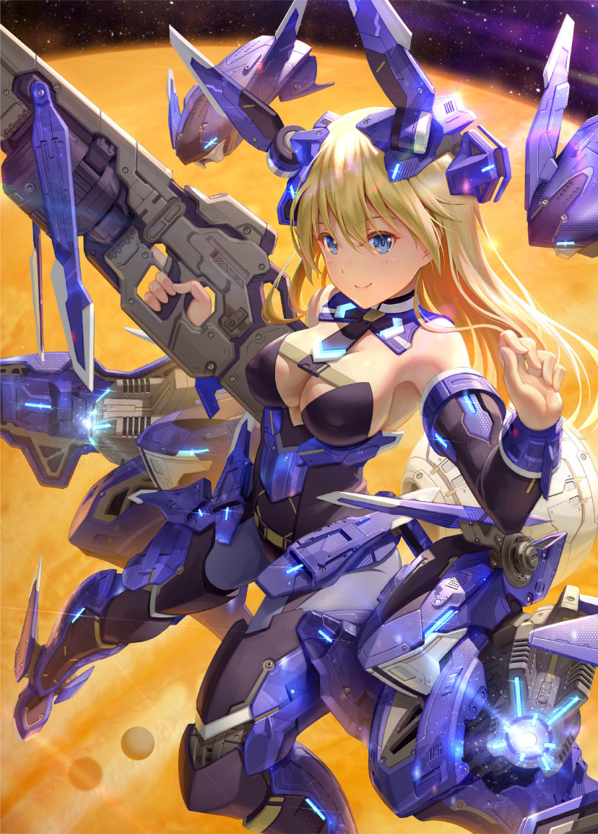 alice_gear_aegis animal_ears bare_shoulders blonde_hair blue_eyes breasts buckle cleavage female gun highres holding holding_gun holding_weapon leotard mecha_musume necktie nontraditional_playboy_bunny photoshop_(medium) pinakes playboy_bunny rabbit_ears space virginia_glynnberets weapon