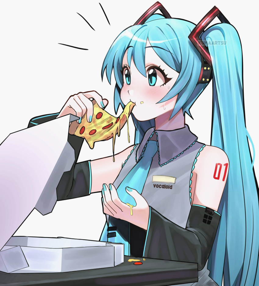 absurdres aqua_eyes aqua_hair aqua_nails aqua_necktie arm_tattoo blush cheese cheese_trail commentary detached_sleeves dripping eating english_commentary female fingernails food food_on_face hatsune_miku headphones highres holding holding_food holding_pizza kumaartsu long_hair messy necktie pepperoni pizza pizza_box pizza_slice solo sweatdrop tattoo twintails upper_body very_long_hair vocaloid wide_sleeves