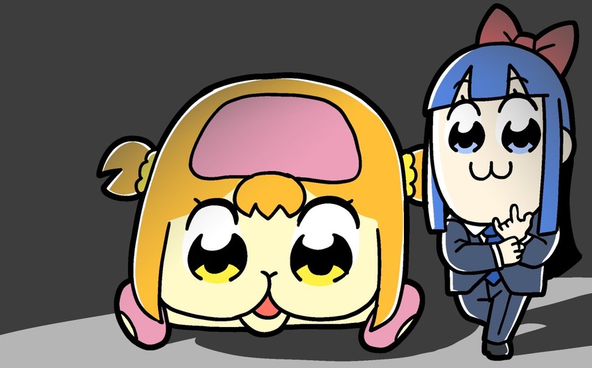 2girls :3 bkub blue_eyes blue_hair blunt_bangs boots car commentary formal hime_cut looking_at_viewer molcar motor_vehicle multiple_girls official_art pipimi poptepipic popuko pui_pui_molcar suit two_side_up vehicle_focus