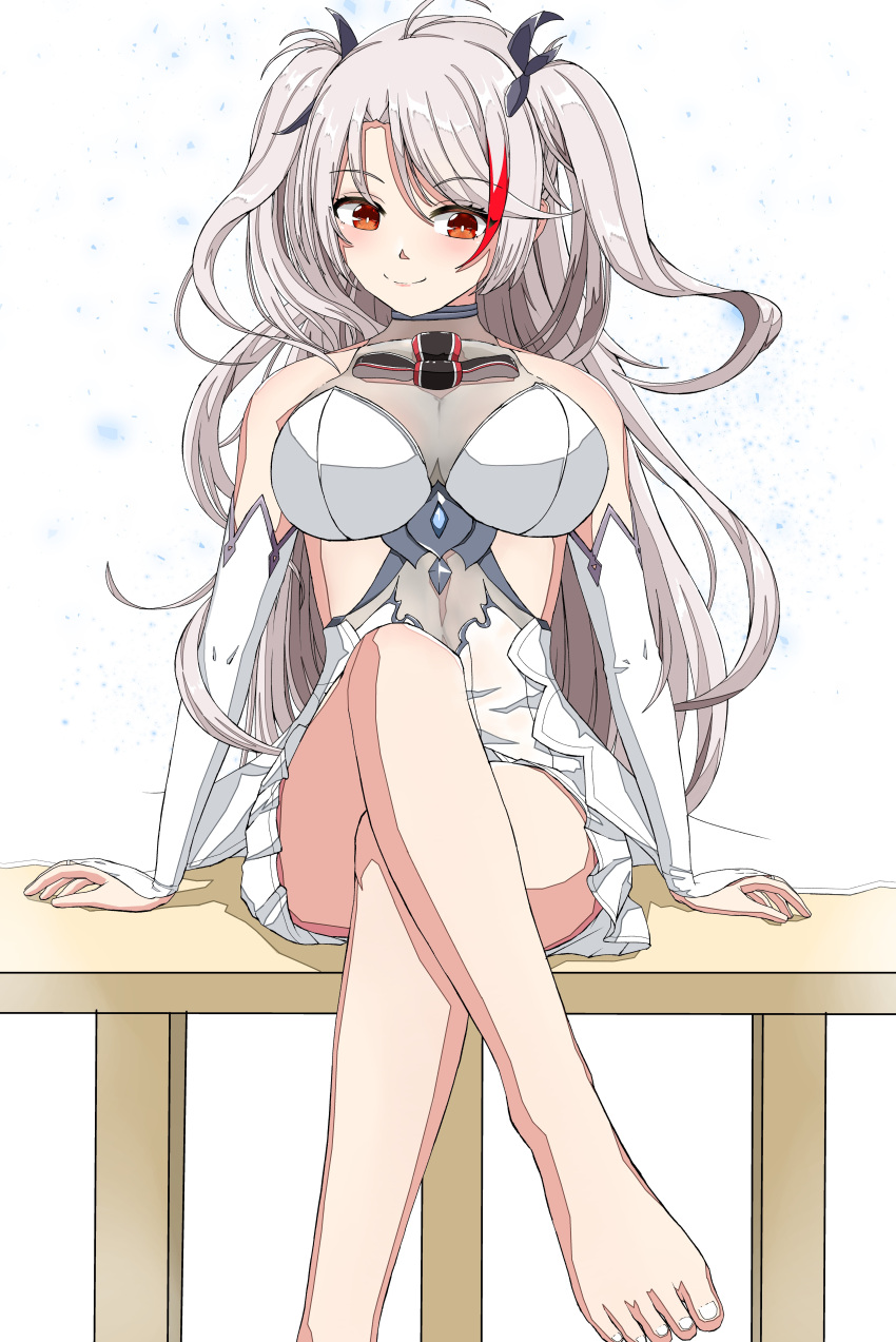 absurdres azur_lane barefoot black_death blush bridal_gauntlets commentary_request cross crossed_legs dress elbow_gloves female gloves grey_hair hair_ribbon highres iron_cross long_hair looking_at_viewer multicolored_hair official_alternate_costume prinz_eugen_(azur_lane) prinz_eugen_(symphonic_fate)_(azur_lane) red_eyes red_hair ribbon short_dress sitting smile solo streaked_hair two_side_up wedding_dress white_dress white_gloves