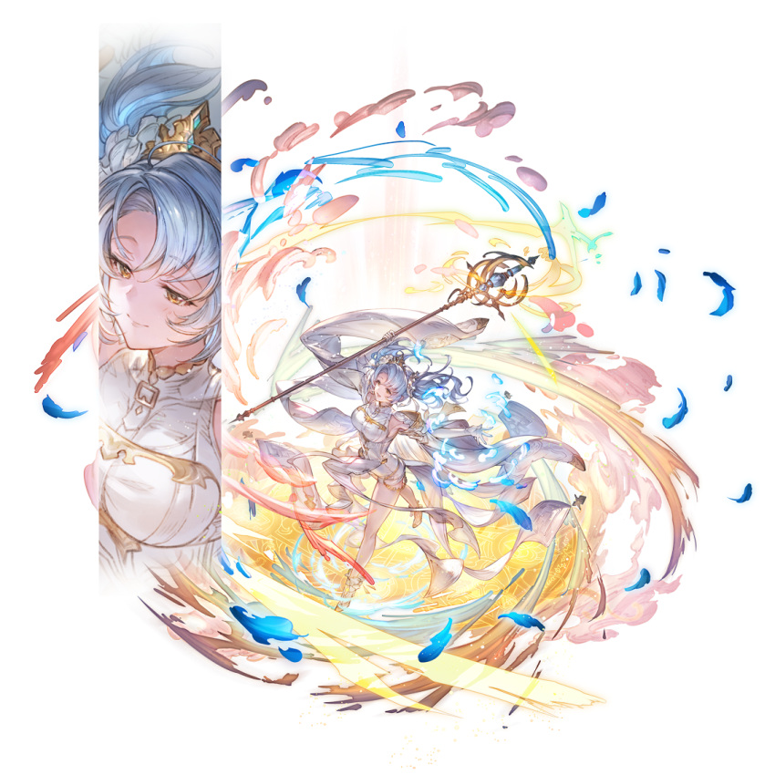 :d arm_up blue_hair breasts brown_eyes closed_mouth elbow_gloves female gloves granblue_fantasy hair_ornament hand_on_own_chest high_heels holding holding_staff large_breasts long_hair official_art open_mouth smile solo sophia_(granblue_fantasy) staff standing swept_bangs transparent_background twintails white_gloves