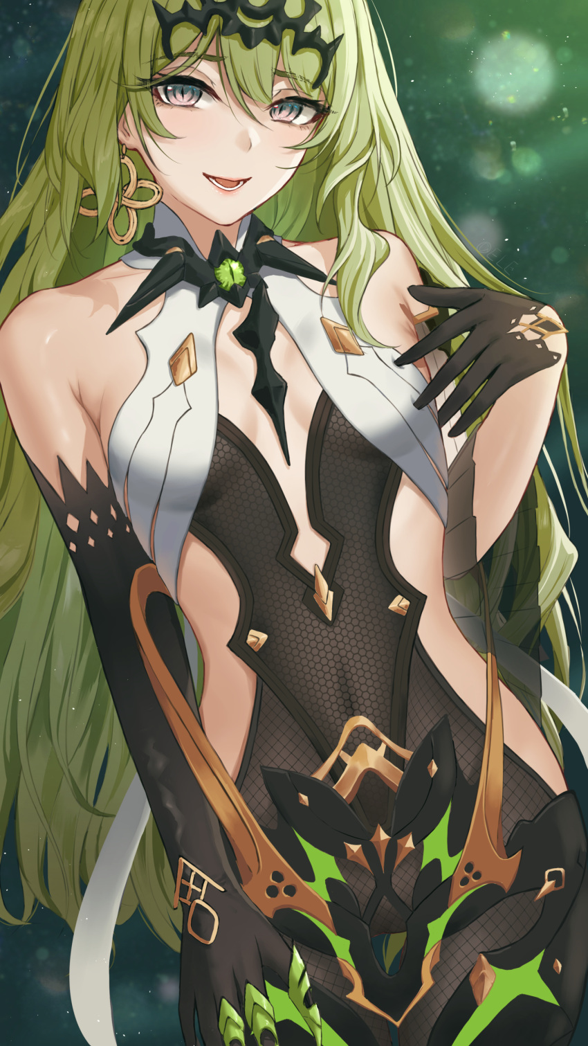 :d absurdres asymmetrical_gloves bare_shoulders black_dress black_gloves breasts cleavage crown dress earrings eleaaa female gloves green_eyes green_hair green_sky hair_between_eyes highres honkai_(series) honkai_impact_3rd jewelry long_hair looking_at_viewer mismatched_gloves mobius_(honkai_impact) open_mouth single_earring single_sleeve sky sleeveless sleeveless_dress smile solo wavy_hair