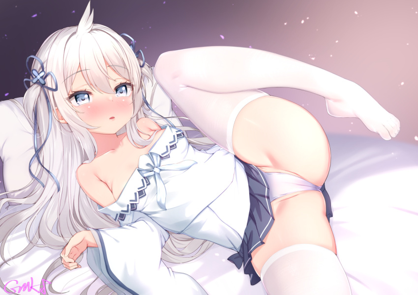 azur_lane bed blue_eyes breasts chinese_commentary collarbone commentary_request female gmkj looking_at_viewer lying no_shoes on_side open_mouth panties pillow simple_background small_breasts solo spread_legs thighhighs umikaze_(azur_lane) underwear white_hair white_thighhighs