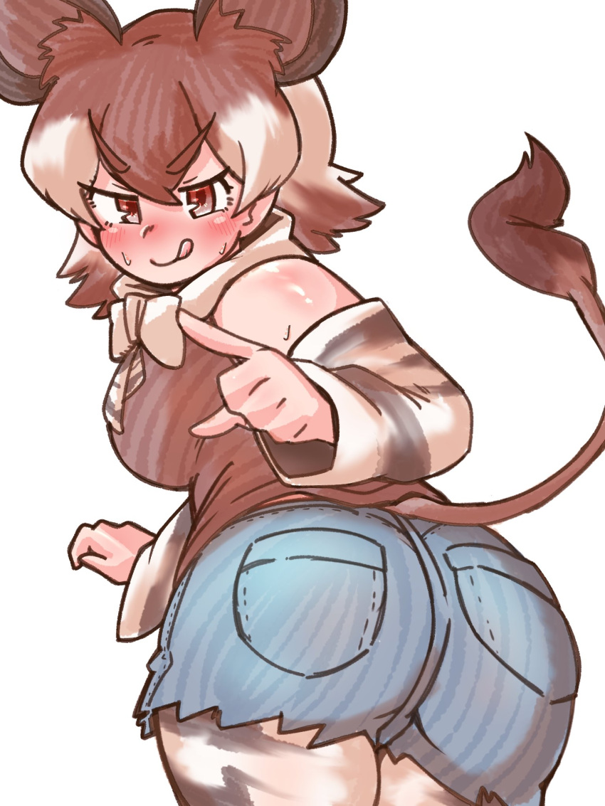 >:) :q animal_ears animal_print ass bare_shoulders blush bow bowtie brown_eyes brown_hair closed_mouth cowboy_shot cutoffs denim denim_shorts detached_sleeves extra_ears female from_behind giraffe_print grey_hair hair_between_eyes half-closed_eyes highres index_finger_raised kemono_friends leaning_forward licking_lips looking_at_viewer looking_back medium_hair multicolored_hair naughty_face niboshi_(niboshi_aruku) nose_blush okapi_(kemono_friends) okapi_ears okapi_tail pantyhose pantyhose_under_shorts pink_background print_sleeves shirt short_shorts shorts simple_background sleeveless sleeveless_shirt smile solo sweat tail tongue tongue_out twisted_torso two-tone_hair v-shaped_eyebrows