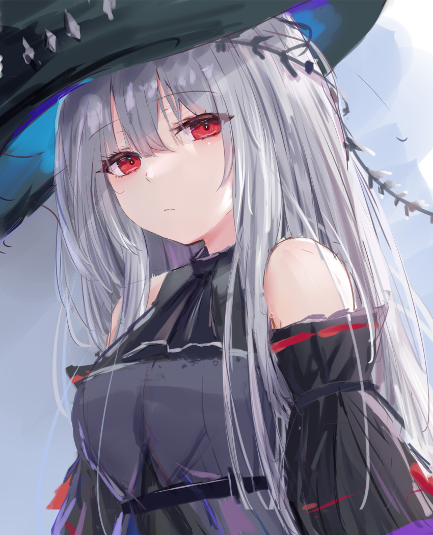 absurdres arknights ascot bad_id bad_pixiv_id bare_shoulders black_ascot black_headwear breasts commentary_request female grey_hair grey_shirt highres long_hair looking_at_viewer lshiki medium_breasts red_eyes shirt skadi_(arknights) skadi_(elite_ii)_(arknights) solo upper_body