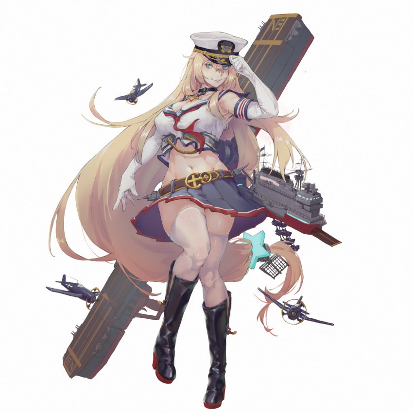 absurdly_long_hair aircraft airplane black_footwear blonde_hair blue_eyes blue_skirt boots breasts commentary_request elbow_gloves enterprise_(warship_girls_r) female flight_deck full_body gloves hair_ornament hat highres knee_boots large_breasts long_hair low-tied_long_hair midriff miniskirt navel peaked_cap pleated_skirt simple_background skirt sleeveless solo standing star_(symbol) star_hair_ornament thighhighs very_long_hair warship_girls_r whibiki white_background white_gloves white_hat white_thighhighs